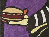 painting of a person holding a hot dog on a purple background
