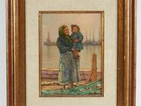 painting of a woman holding a child in her arms in front of a body of water