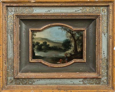 peinture représentant un paysage avec un homme et un chien dans un cadre boisé