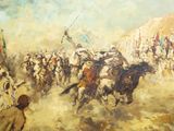 une peinture représentant un groupe d'hommes à cheval