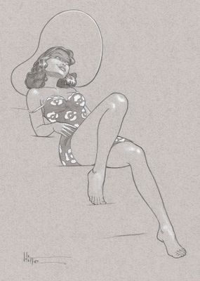 drawing of a woman in a bikini and hat sitting on the ground