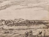 a drawing of a view of a town from a distance