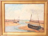 une image d'une peinture de bateaux sur la plage