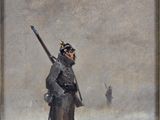 a painting of a man holding a rifle in the snow