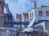 painting of a street scene with people walking around and buildings