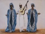 tableau représentant trois personnes vêtues de bleu et de blanc, avec une guitare
