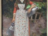 an oil painting of a woman with a watering can in her hand