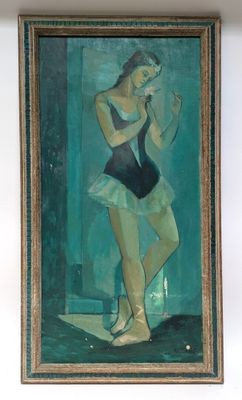 painting of a woman in a bathing suit is hanging on a wall