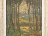 une peinture à l'huile représentant des arbres et un sentier dans une zone boisée