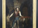 un tableau représentant un homme en tenue de cow-boy tenant un tonneau