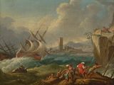 an image of a painting of a man on a boat in the ocean