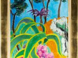une reproduction d'un tableau représentant des arbres et des fleurs, dans un cadre doré