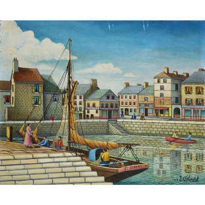 a painting of a boat docked in a harbor