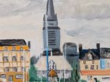 painting of boats in a harbor with a church steeple in the background
