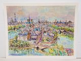 un tableau représentant une vue d'une ville avec un pont