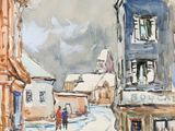 an image of a painting of a city street with buildings and people