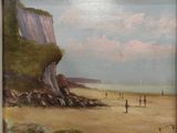 an oil painting of people walking on a beach near a cliff