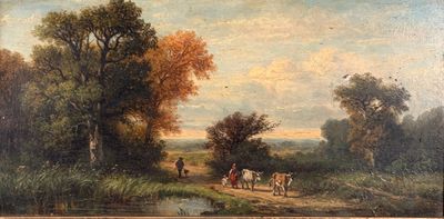 tableau représentant un paysage avec du bétail et des personnes sur un sentier au bord d'un ruisseau