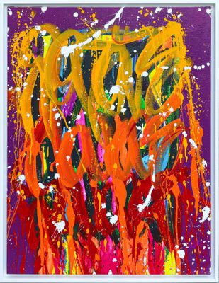 une peinture abstraite composée de touches de peinture orange, jaune et rouge projetées sur un fond violet