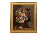 a painting of flowers in a vase on a table