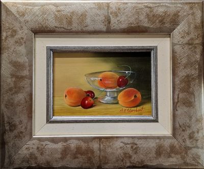 painting of a bowl of peaches and cherries on a table