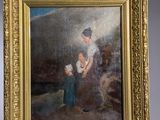 tableau représentant une femme et un enfant dans un paysage avec une montagne en arrière-plan