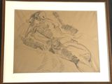 dessin représentant un homme à moto, dans un cadre en bois
