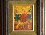 tableau encadré représentant une femme entourée d'anges, posé sur un parquet