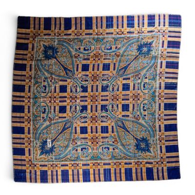 an image of a blue and yellow square scarf on a white background