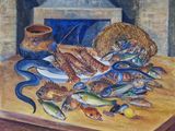a painting of lobsters and other fish on a table