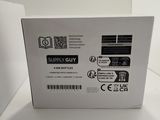 the back of a white box with a black and white sticker on it
