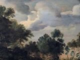 a picture of a painting of a landscape with cows in it