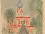an image of a painting of a church with a cross on top
