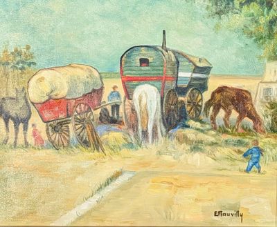 un tableau représentant une charrette tirée par un cheval avec des personnes à bord