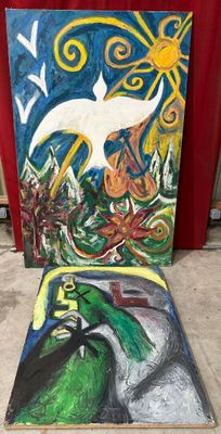 DEUX TOILES L'une représentant une colombe et monogrammée MW… - Photo 1