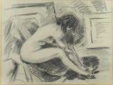 drawing of a nude woman sitting on a chair in a room