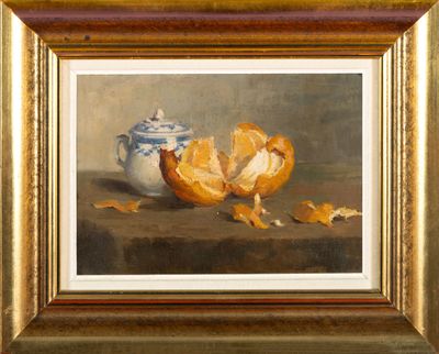 an oil painting of an orange and a blue vase on a table
