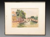 painting of a view of a river with a bridge in the background