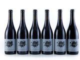 six bottles of wine are lined up on a white surface
