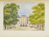 une image représentant une aquarelle d'un bâtiment avec des arbres devant