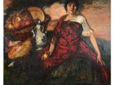 an image of a painting of a woman in a red dress sitting next to a basket of fruit