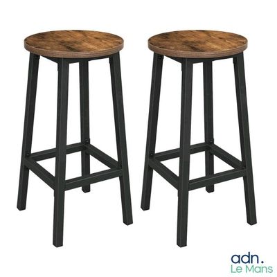 a pair of wooden stools with black legs on a white background