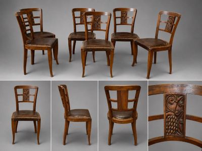 several photos of a set of four wooden chairs with carvings on them
