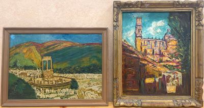 two paintings of a castle and a boat on a table