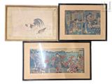 three framed asian paintings of a woman and a cat