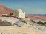 tableau représentant un bâtiment blanc dans un paysage désertique, avec une montagne en arrière-plan