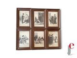 six framed pictures of a man and a woman on a wall