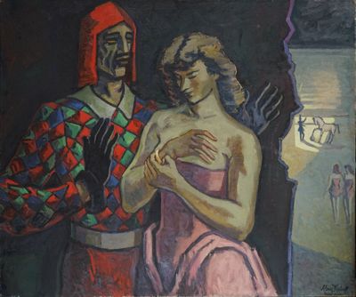 tableau représentant un homme et une femme debout l'un à côté de l'autre devant un miroir