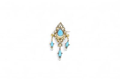 Broche en or 18K (750) rehaussé d'émail, agrémentée de turqu…