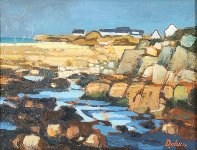 an oil painting of a rocky beach with houses in the background